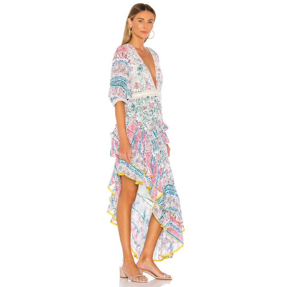 Hemant and Nandita Floral Ruffled Asymmetric Midi Dress in White, Pink, Blue - Picture 2 of 14